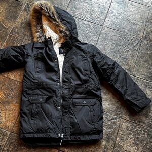 Lands' End Black Coat with Faux Fur Lining